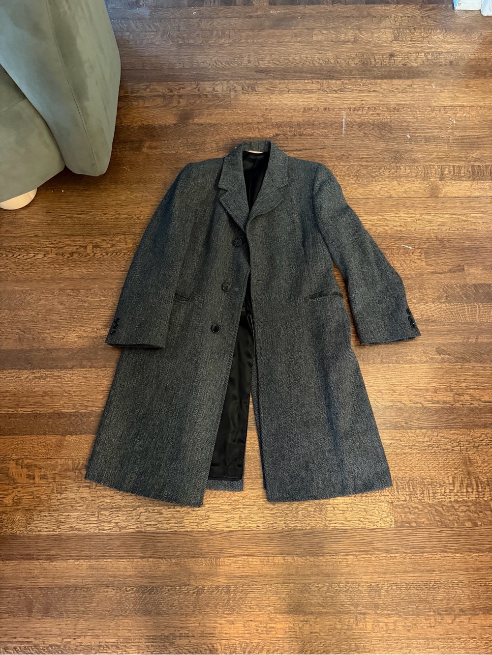 Women’s Long 100% Wool Overcoat - Dark Charcoal Gray herringbone